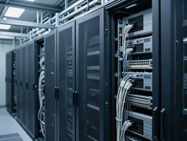 Neatly bundled structural cabling running along overhead cable trays in a massive enterprise data center, cool technical lighting, 35mm lens