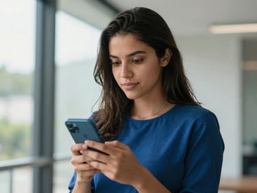 Authentic portrait of a young Brazilian woman looking confidently at her smartphone, with digital security seals subtly visible on the screen, soft natural daylight, deep blue and teal tones