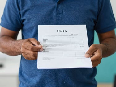 Hands of a Brazilian worker holding a document (simulated FGTS statement) with a checkmark, conveying security and protection, soft natural daylight, deep blue and teal tones
