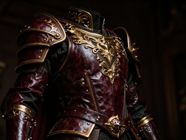 Low-angle heroic shot of a cosplayer wearing ornate dark leather armor with gold filigree, deep shadows, single rim light