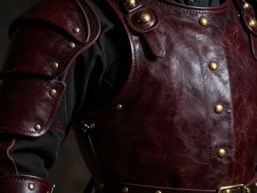 Close-up of dark burgundy leather armor plates with brass rivets, atmospheric chiaroscuro lighting, deep shadows