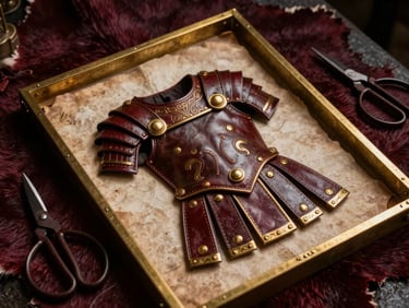 Macro shot of physical Roman armor patterns on aged parchment, surrounded by heavy brass dividers, leather shears, and pieces of dark burgundy hide, dramatic low-key lighting.