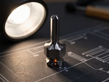 Close-up of a finished high-precision metal tool sitting on a dark blueprint, warm work lamp lighting, sharp focus, 35mm