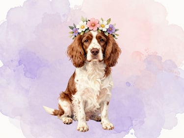 A whimsical watercolor illustration of Maggie Mae, a brown and white Springer Spaniel wearing a tiny flower crown, soft pastel background.