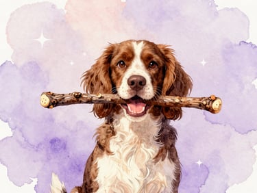 A whimsical watercolor illustration of Devlin, a playful Springer Spaniel holding a large stick in his mouth, joyful expression.