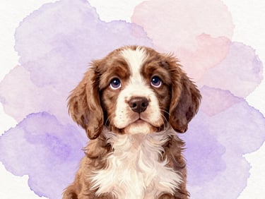 A whimsical watercolor illustration of Lexi Rose, a small, sweet Springer Spaniel puppy looking up with curious, loving eyes.