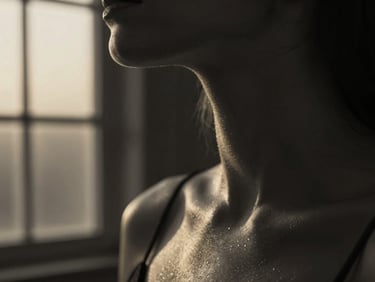 A close-up of a person's neck and collarbone in elegant low-key lighting, soft golden-hour window light, cinematic black and white feel.