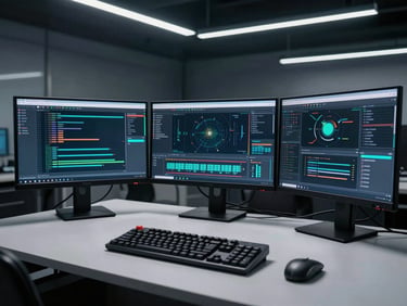 Wide shot of an engineering workstation in a dark room, three monitors displaying terminal logs and a live data pipeline dashboard, mechanical keyboard on a clean desk, cool flat overhead lighting, no people, technical and precise atmosphere