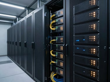 Wide shot of a server rack room under cool white LED strips, cable management visible, blinking status lights, no humans, clean industrial infrastructure aesthetic