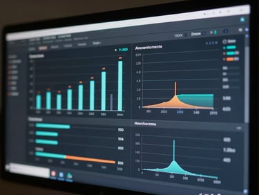 Close-up of a dashboard UI on a monitor showing bar charts and API latency graphs, cool flat technical lighting, dark mode interface