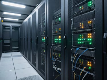 Wide shot of a server rack in a datacenter corridor under cold fluorescent lighting, cables visible, status LEDs blinking green and amber
