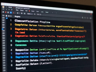 Close crop of a dark terminal screen showing a classification pipeline log with color-coded ticket categories and timestamps, cool flat monitor glow, no human visible