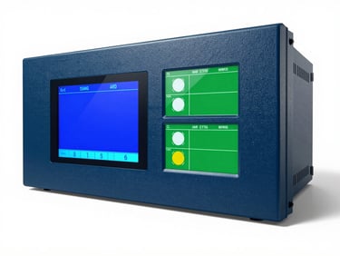 Industrial inverter unit with integrated digital display, sharp focus, bright daylight, sharp shadows, deep blue and emerald tones, wide-angle lens, high-end commercial aesthetic