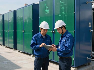 Engineers analyzing digital schematics on a tablet in front of a battery storage unit, bright daylight, sharp shadows, deep blue and emerald tones, wide-angle lens, high-end commercial aesthetic