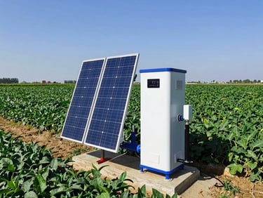 Solar-powered water pump system in an agricultural setting, bright daylight, wide-angle lens, functional and clean design.