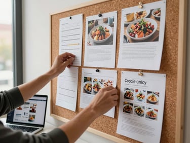 Agency workspace detail, hands arranging printed food photographs and strategy notes on a large cork board, a laptop open to one side showing a social media draft, warm afternoon light from a window to the left, papers slightly overlapping — evidence of real planning in progress