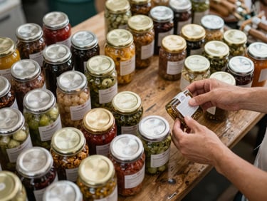 Wide overhead view of a specialty food market stall, jars and produce arranged on a worn wooden table, a vendor's hands adjusting a label, soft diffused daylight, no customers visible