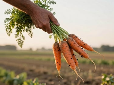 A farmer's hands holding a bundle of freshly pulled carrots with soil still clinging to the roots, golden morning light, an open field visible in the soft background