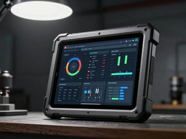 Ruggedized industrial tablet displaying high-contrast data visualization dashboard, sharp overhead workshop lighting, dark charcoal background, crisp medium format lens