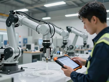 Clean factory floor with robotic assembly arms and a technician holding a ruggedized tablet, high-contrast industrial light