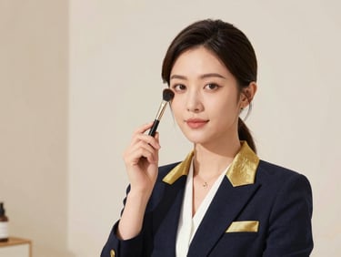 Professional portrait of a female grooming instructor in elegant business attire, warm studio lighting, clean background, 35mm lens