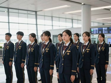 A group of disciplined aviation students standing in formation at a modern airport terminal, crisp natural daylight.