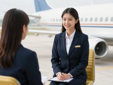 A mock interview session with an aviation student in professional attire sitting upright and smiling, bright daylight, 35mm lens.