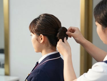 A professional grooming session at CFAA, a female student in immaculate uniform adjusting her hair bun, crisp natural light with gold-hour highlights, sharp focus.