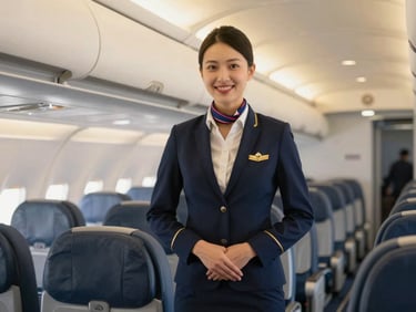 A professional cabin crew instructor in a pristine navy uniform smiling inside a modern aircraft cabin mock-up, warm golden lighting, 35mm lens editorial photography.
