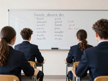 A modern classroom with a whiteboard showing French aviation terms, students in neat uniforms listening attentively.