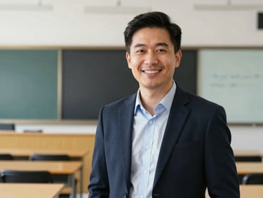 Professional portrait of a male language instructor smiling warmly, modern classroom background, 35mm lens