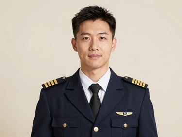 Professional portrait of a male flight instructor in a sharp pilot uniform, warm studio lighting, clean background, 35mm lens