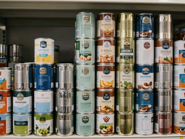 Overhead close-up of neatly stacked rows of canned goods — various sizes of tin cans with printed labels arranged in organized columns on a warehouse shelf, bright functional lighting, clean and orderly