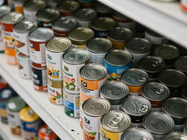 Overhead close-up of neatly arranged canned goods in bulk — steel cans of various sizes organized in rows on warehouse shelving, bright even strobe lighting, labels visible, clean and orderly