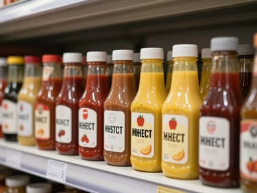 Close-up of bulk condiment bottles and jars organized on a warehouse shelf — ketchup, mustard, sauces, and dressings in uniform rows, clean strobe lighting, labels facing forward