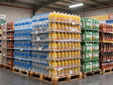 Wide shot of bulk beverage cases stacked on warehouse pallets — water bottles, juice cartons, and soft drink cases arranged in organized rows under bright functional warehouse lighting