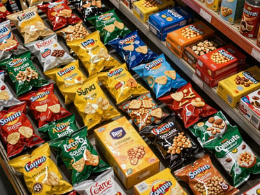 Overhead view of packaged snack goods in bulk — chip bags, cracker boxes, and nut pouches arranged in tight rows on a warehouse shelf, bright even lighting, no people