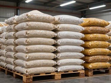 Stacked bulk bags of dry goods on warehouse pallets — rice, flour, pasta, and grain products in large format packaging under bright overhead warehouse lighting, organized and tightly packed