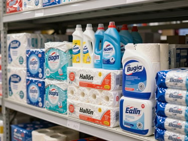 Wide shot of household essential products stacked on warehouse shelving — cleaning supplies, paper goods, and packaged household items in uniform cases under bright functional lighting