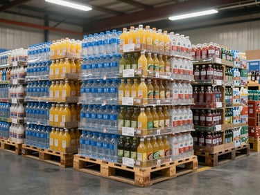 Wide shot of palletized beverage cases — cases of bottled water, juice, and soft drink multipacks stacked in uniform rows on warehouse floor under bright overhead industrial lighting, organized and labeled