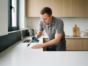 Clinical editorial photography of a professional pest control technician in neutral grey gear applying clinical gel with a precision applicator tool in a spotless modern Belgian kitchen, bright clean daylight, cool slate and amber tones, sharp focus, 35mm lens