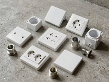 Overhead shot of home electrical accessories laid on a concrete surface — wall sockets, switches, conduit fittings and junction boxes in natural daylight