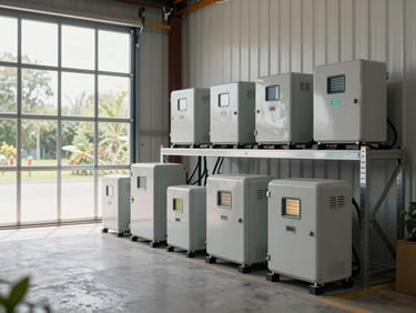 Wide shot of outdoor garden lighting fixtures and irrigation control units arranged on warehouse shelving, metal fittings and cables visible, natural daylight from a large loading bay door