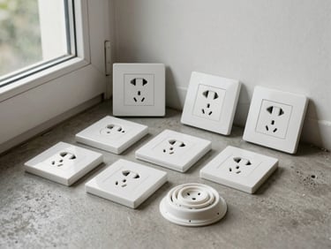 Tight shot of assorted home electrical fixtures laid on a concrete floor — wall sockets, light switches, flush-mount ceiling roses — natural daylight from a window to the left