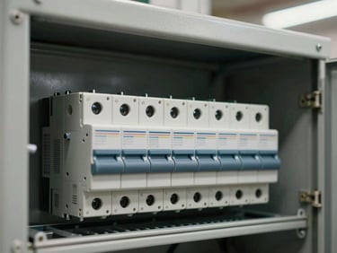 Close-up of a DIN rail inside an open electrical panel, circuit breakers and terminal blocks clearly visible, natural warehouse light from above, no hands