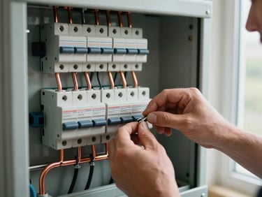 Close-up of an open distribution board mid-installation, copper busbars and circuit breakers visible, hands of an electrician tightening a terminal screw, natural light from a nearby window