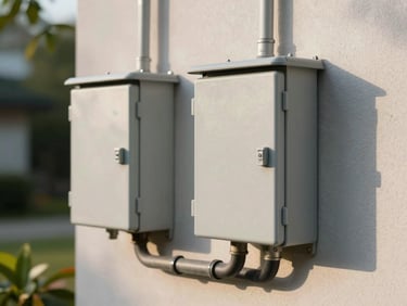 Close-up of outdoor electrical conduit and weatherproof junction boxes mounted on a rendered exterior wall, morning sidelight, garden foliage blurred in background