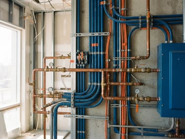 Industrial plumbing installation featuring copper pipes and blue PEX tubing on a construction site wall.