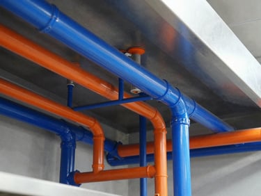 Wide environmental shot of a commercial kitchen utility rough-in, exposed plumbing and electrical conduits, crisp detail