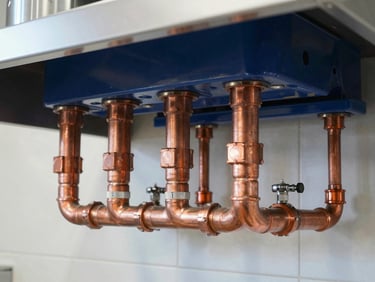 Commercial kitchen utility rough-in, copper pipe manifolds, bright crisp industrial light, 35mm lens